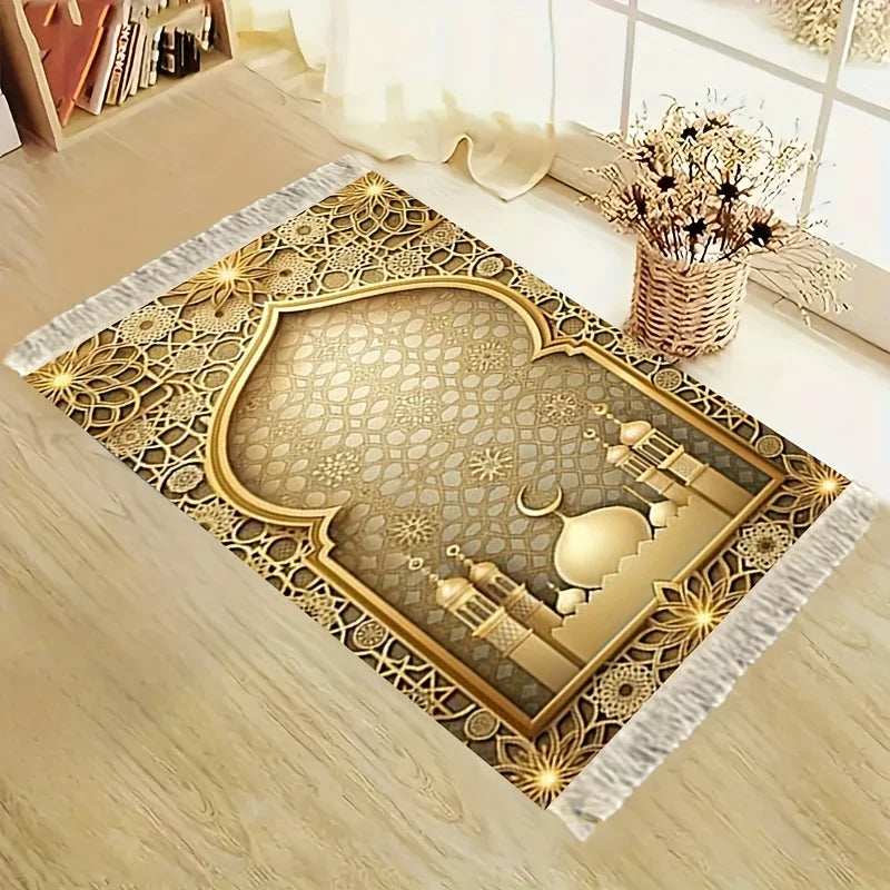 VIKAMA Light Gold Geometric Prayer Mat – Luxury Eid al-Fitr Mosque Rug