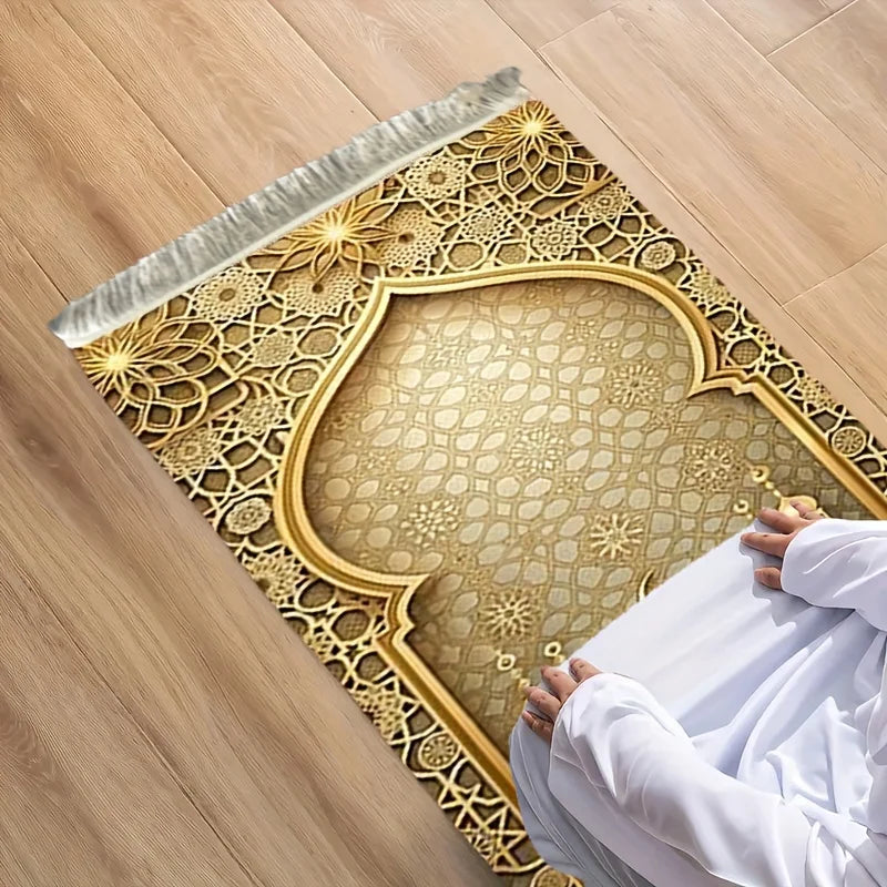 VIKAMA Light Gold Geometric Prayer Mat – Luxury Eid al-Fitr Mosque Rug