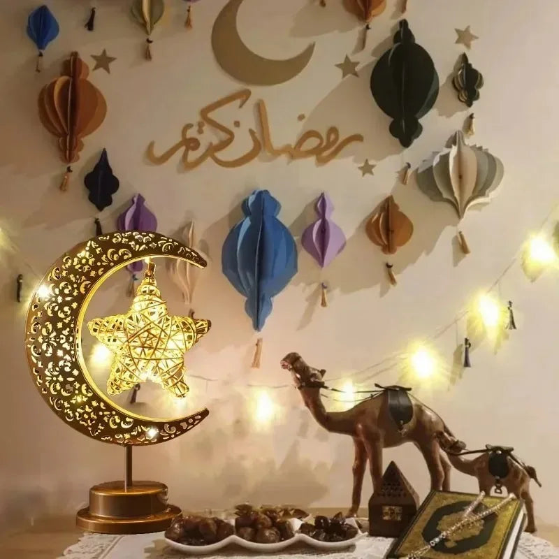 LED Rotating Ramadan Moon Star Night Light – Eid Ambient Decor Lamp