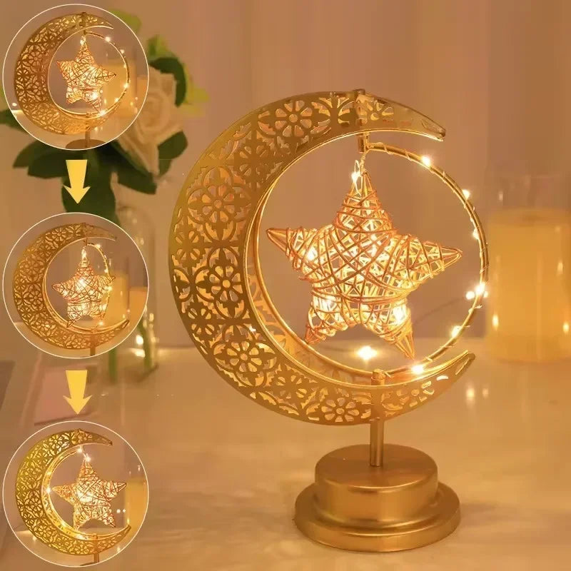 LED Rotating Ramadan Moon Star Night Light – Eid Ambient Decor Lamp